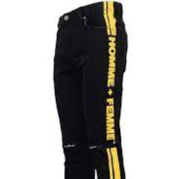 Homme + Femme Striped Logo Black Denim Yellow Stripe Jean 38 Hand Airbrushed NWT